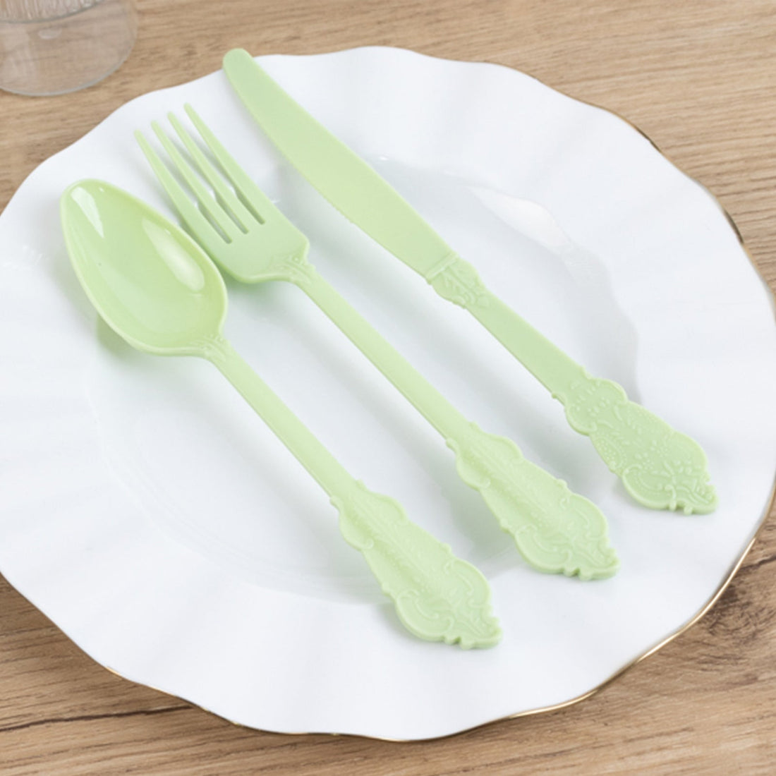 72 Pack Baroque Style Sage Green Plastic Silverware Set, Heavy Duty Disposable Forks