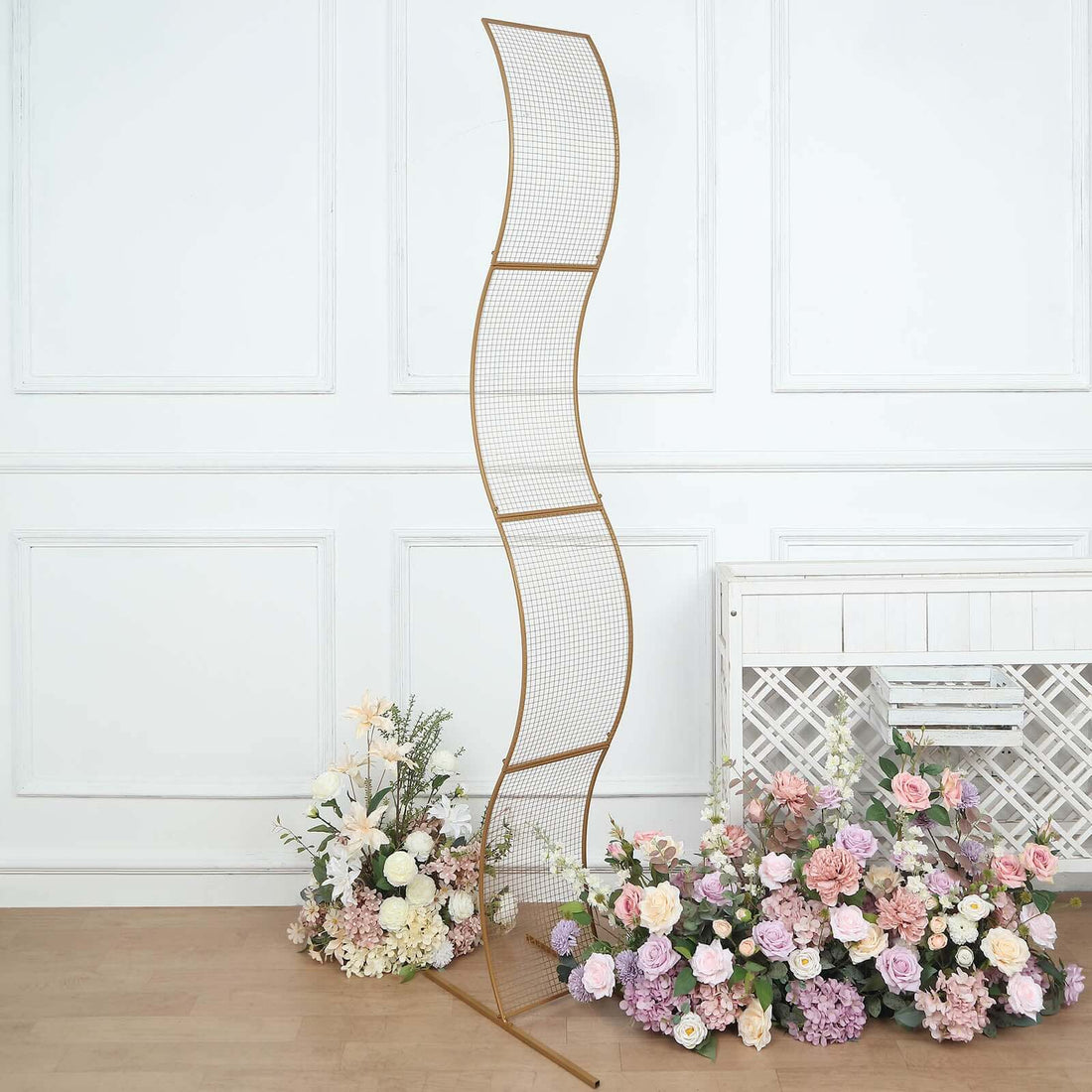 7ft Gold Metal Lattice Wavy Grid Design Wedding Arch Aisle Backdrop Stand, S-Shaped Flower Frame
