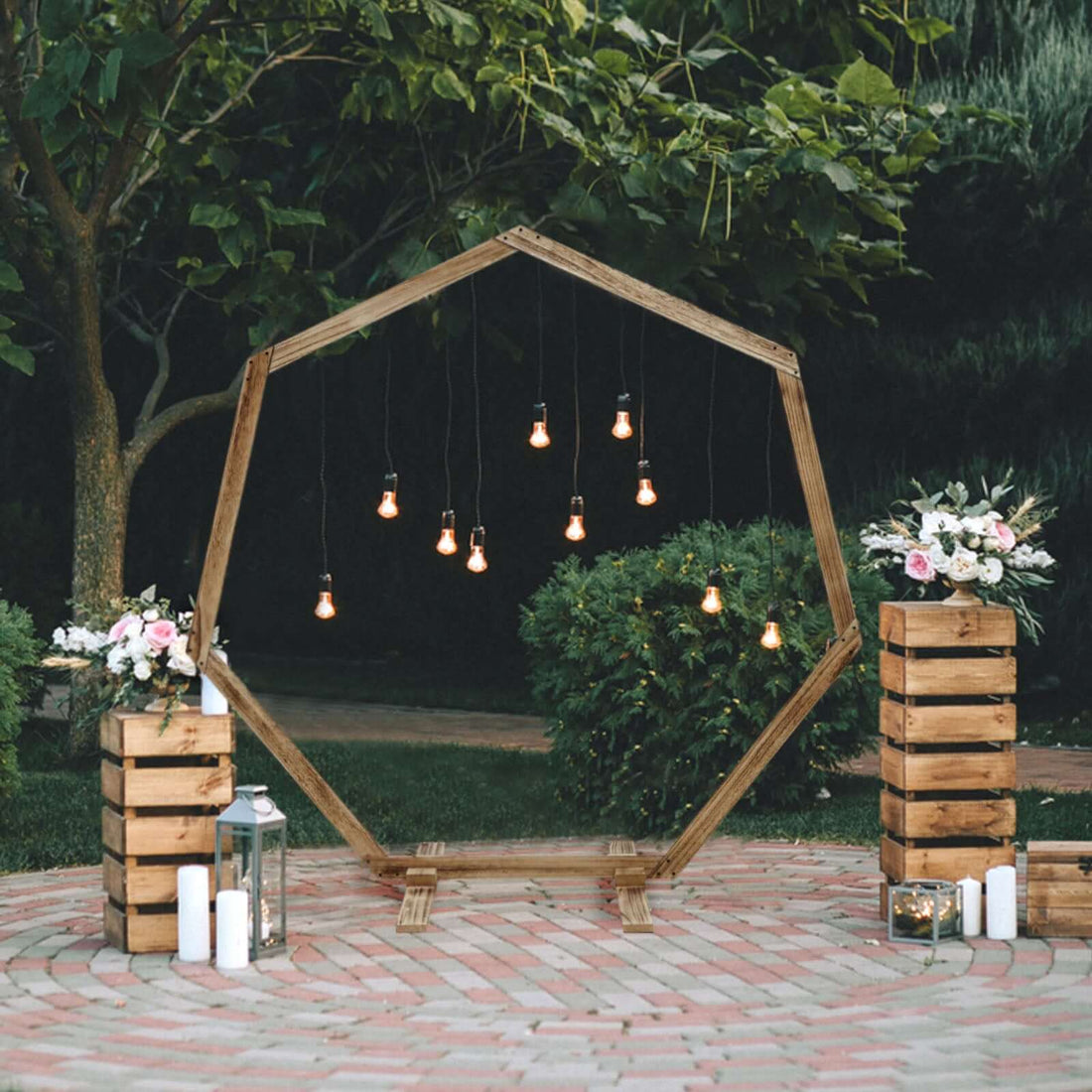7ft Rustic Wooden Wedding Arch, Heptagonal Photo Backdrop Stand