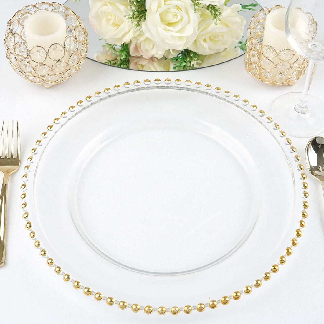 12 Inch Gold Beaded Round Glass Charger Plates In Pack Of 8
