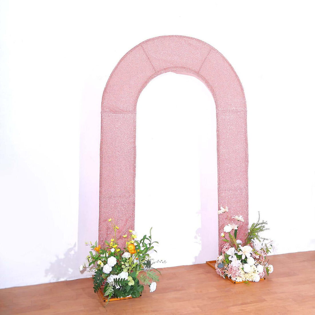 8ft Rose Gold Spandex Fitted Open Arch Backdrop Cover With Shimmer Tinsel Finish