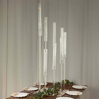 9-Arm Acrylic Cluster Taper Candelabra with Square Base 4ft Clear - Stylish Candle Holder Table Centerpiece for Pillar Candles & Events