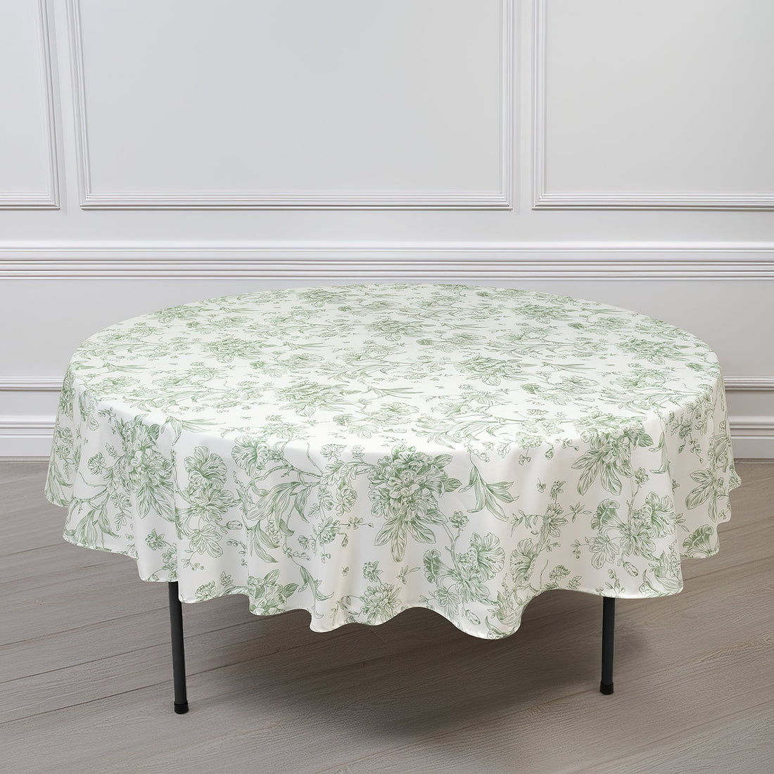 Polyester Round Tablecloth 90inch White with Dusty Sage Green French Toile Pattern - Sophisticated