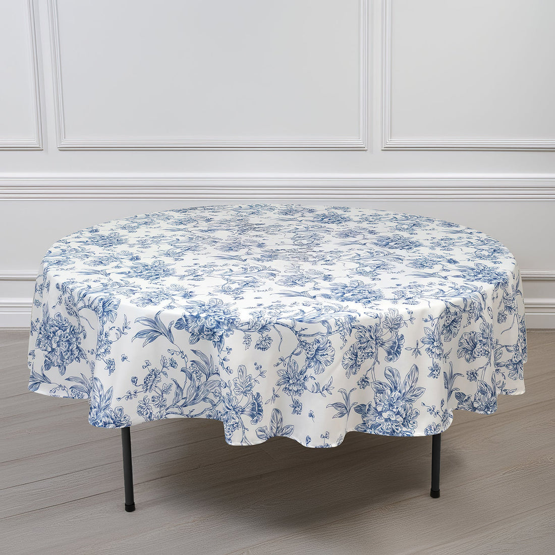 Polyester Round Tablecloth 90inch White with Blue French Toile Pattern - Sophisticated Table Cover