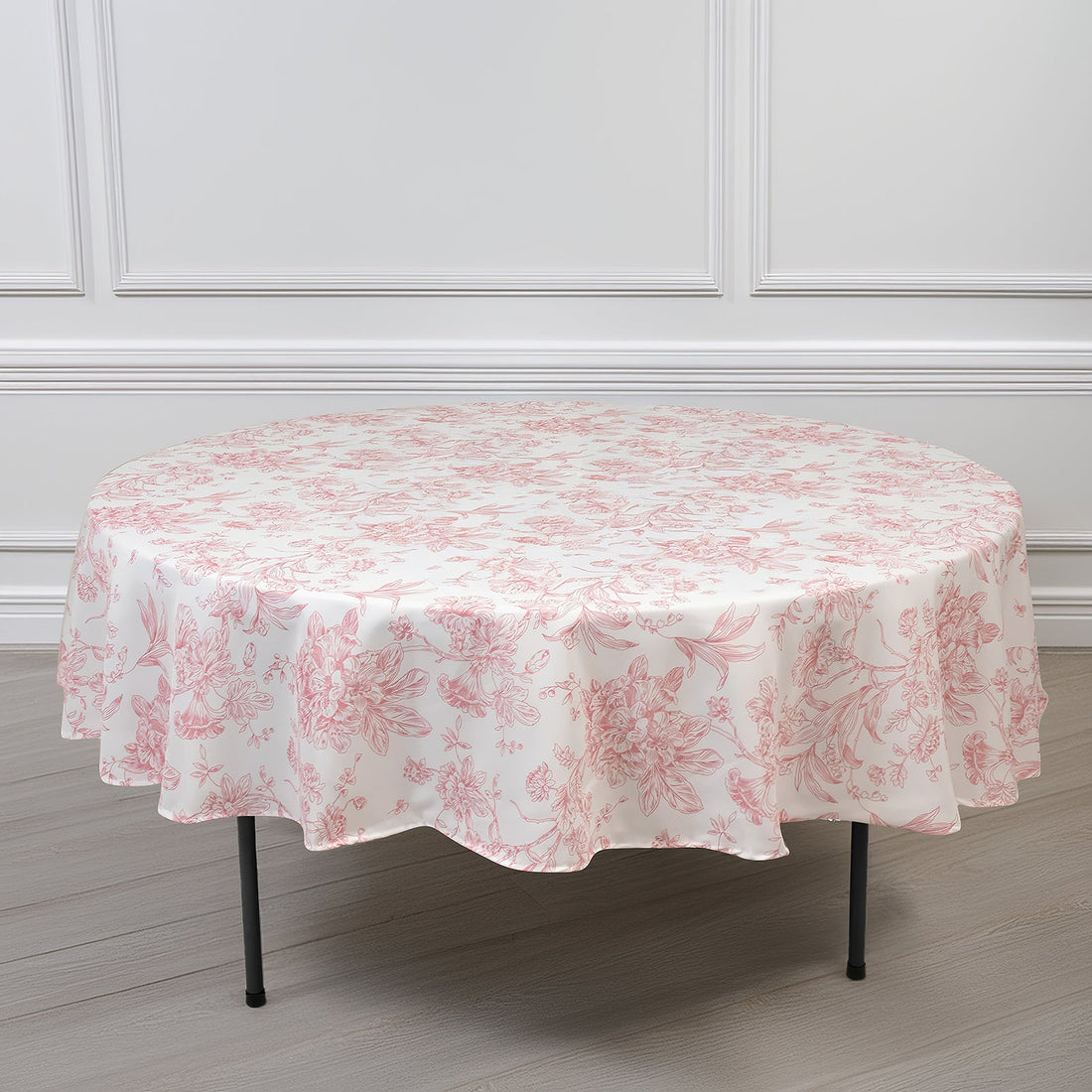 Polyester Round Tablecloth 90inch White with Pink French Toile Pattern - Sophisticated Table Cover