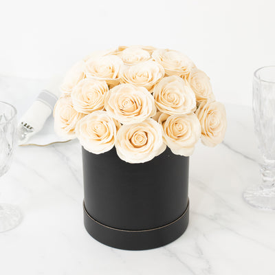 Prearranged Rose Centerpiece Arrangement, Ivory 27pcs Roses with Black Round Gift Box