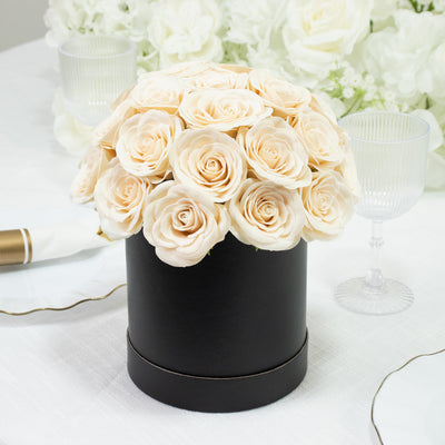 Prearranged Rose Centerpiece Arrangement, Ivory 27pcs Roses with Black Round Gift Box