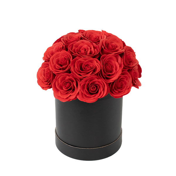 Prearranged Rose Centerpiece Arrangement, Red 27pcs Roses with Black Round Gift Box#whtbkgd