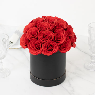 Prearranged Rose Centerpiece Arrangement, Red 27pcs Roses with Black Round Gift Box