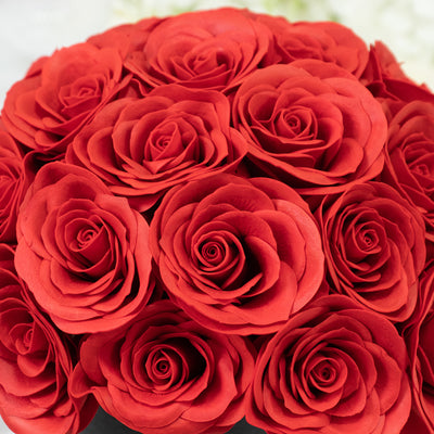 Prearranged Rose Centerpiece Arrangement, Red 27pcs Roses with Black Round Gift Box