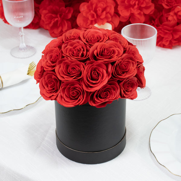 Prearranged Rose Centerpiece Arrangement, Red 27pcs Roses with Black Round Gift Box