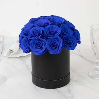 Prearranged Rose Centerpiece Arrangement, Royal Blue 27pcs Roses with Black Round Gift Box