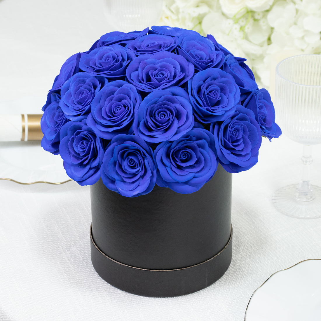 Prearranged Rose Centerpiece Arrangement, Royal Blue 27pcs Roses with Black Round Gift Box