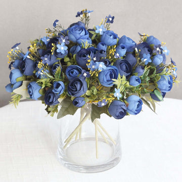 4 Pack Artificial Navy Blue Mini Ranunculus Silk Flower Arrangements, Faux Buttercup Floral Bouquets - 12"