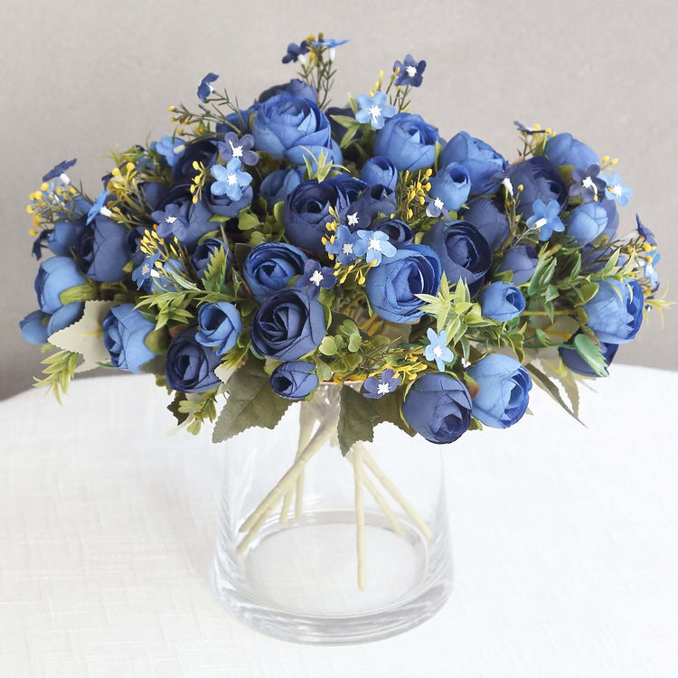 4 Pack Artificial Navy Blue Mini Ranunculus Silk Flower Arrangements, Faux Buttercup Floral Bouquets