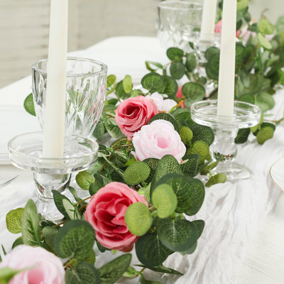 Artificial Eucalyptus Garland with Blush/Dusty Rose Silk Roses – 6ft Faux Greenery Vine