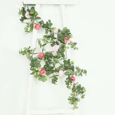 Artificial Eucalyptus Garland with Blush/Dusty Rose Silk Roses – 6ft Faux Greenery Vine