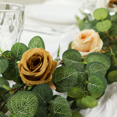 Artificial Eucalyptus Garland with Cream/Gold Silk Roses – 6ft Faux Greenery Vine