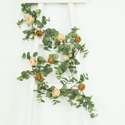 Artificial Eucalyptus Garland with Cream/Gold Silk Roses – 6ft Faux Greenery Vine