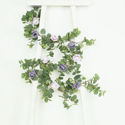 Artificial Eucalyptus Garland with Lavender Lilac/Purple Silk Roses – 6ft Faux Greenery Vine