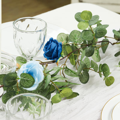 Artificial Eucalyptus Garland with Royal Blue/Light Blue Silk Roses – 6ft Faux Greenery Vine