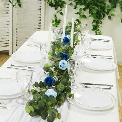 Artificial Eucalyptus Garland with Royal Blue/Light Blue Silk Roses – 6ft Faux Greenery Vine