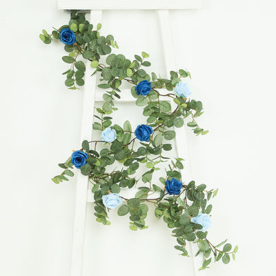 Artificial Eucalyptus Garland with Royal Blue/Light Blue Silk Roses – 6ft Faux Greenery Vine