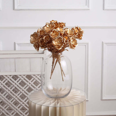 2-Pack Artificial Rose Bloomed Flower Bouquet 17" Metallic Gold - Glam Faux Floral Arrangement Holiday Decor Wedding Centerpiece