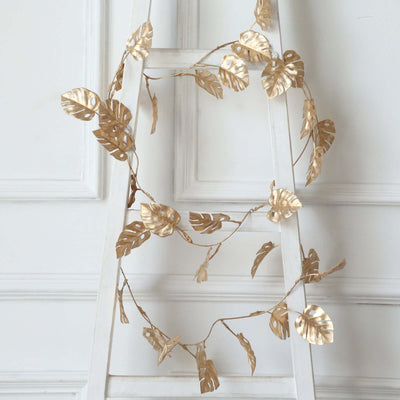 Artificial Monstera Leaf Table Garland 7ft Metallic Gold - Faux Hanging Vine for Jungle Tropical Themed Weddings Parties & Events