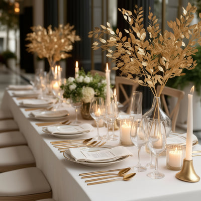 4 Pack Gold Metallic Artificial Leaf Stems 33” – Italian Ruscus Branches Plastic Greenery for Floral Arrangements & Centerpieces