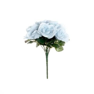 Light Blue Artificial Velvet-Like Fabric Rose Flower Bouquet Bush 12"