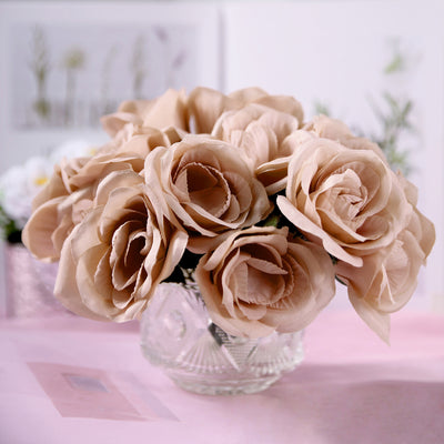 Dusty Rose Artificial Velvet-Like Fabric Rose Flower Bouquet Bush 12"
