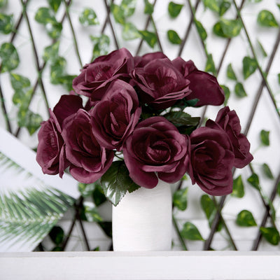 Burgundy Artificial Velvet-Like Fabric Rose Flower Bouquet Bush 12"