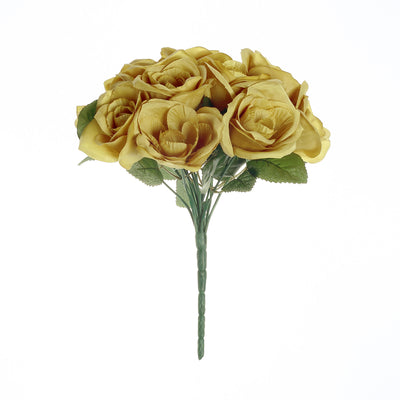 Gold Artificial Velvet-Like Fabric Rose Flower Bouquet Bush 12"