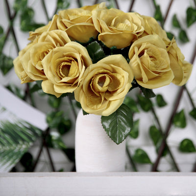 Gold Artificial Velvet-Like Fabric Rose Flower Bouquet Bush 12"