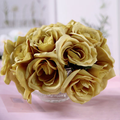 Gold Artificial Velvet-Like Fabric Rose Flower Bouquet Bush 12"