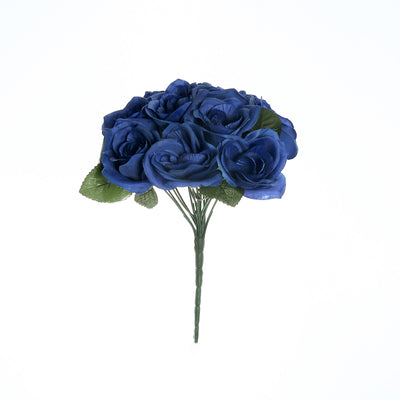 Navy Blue Artificial Velvet-Like Fabric Rose Flower Bouquet Bush 12"