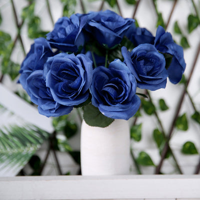 Navy Blue Artificial Velvet-Like Fabric Rose Flower Bouquet Bush 12"