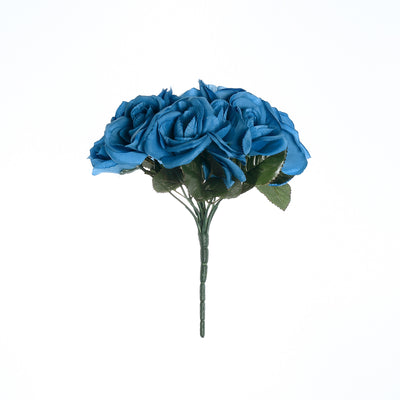 Royal Blue Artificial Velvet-Like Fabric Rose Flower Bouquet Bush 12"