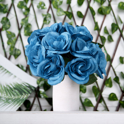 Royal Blue Artificial Velvet-Like Fabric Rose Flower Bouquet Bush 12"