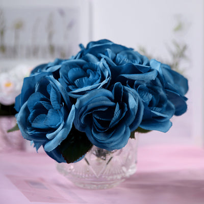 Royal Blue Artificial Velvet-Like Fabric Rose Flower Bouquet Bush 12"