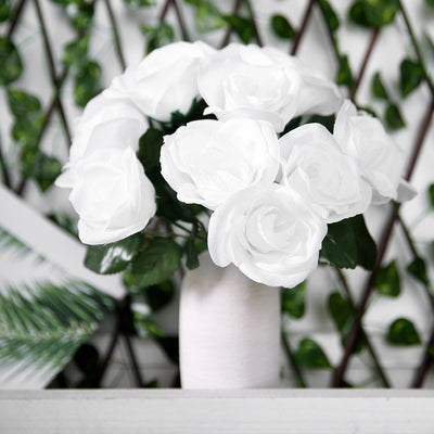 White Artificial Velvet-Like Fabric Rose Flower Bouquet Bush 12"