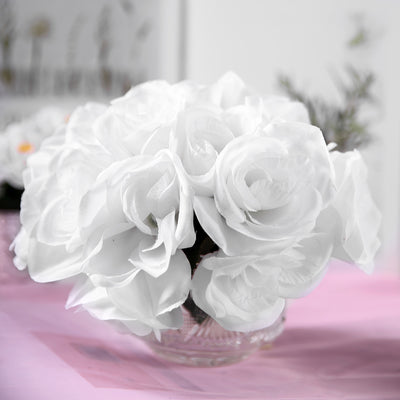 White Artificial Velvet-Like Fabric Rose Flower Bouquet Bush 12"