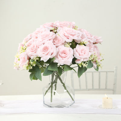 2 Bushes Artificial Silk Rose Flower Arrangements, Light Blush Real Touch Long Stem Flower Bouquet 18"
