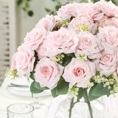 2 Bushes Artificial Silk Rose Flower Arrangements, Light Blush Real Touch Long Stem Flower Bouquet 18"