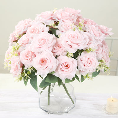 2 Bushes Artificial Silk Rose Flower Arrangements, Light Blush Real Touch Long Stem Flower Bouquet 18"