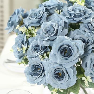 2 Bushes Artificial Silk Rose Flower Arrangements,  Dusty Blue Real Touch Long Stem Flower Bouquet 18"