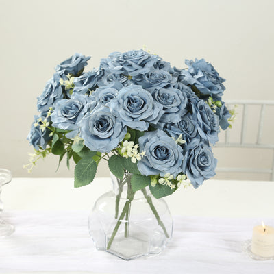 2 Bushes Artificial Silk Rose Flower Arrangements,  Dusty Blue Real Touch Long Stem Flower Bouquet 18"
