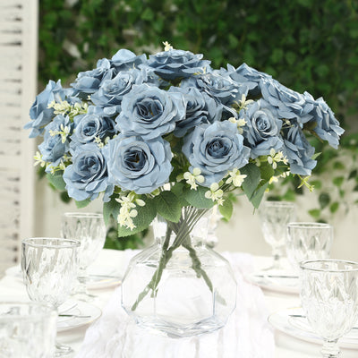 2 Bushes Artificial Silk Rose Flower Arrangements,  Dusty Blue Real Touch Long Stem Flower Bouquet 18"