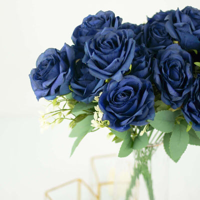 2 Bushes Navy Blue Artificial Silk Rose Flower Arrangements, Real Touch Long Stem Flower Bouquet 18"